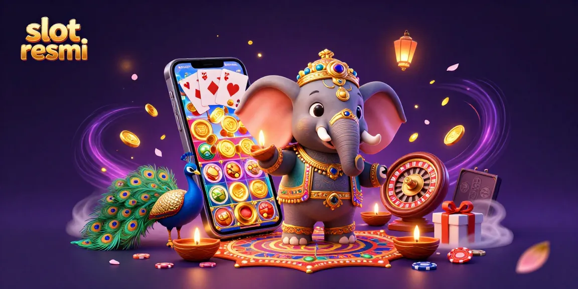 Experience engaging slot resmi action with a vibrant casino-themed illustration featuring a joyful elephant and colorful elements.
