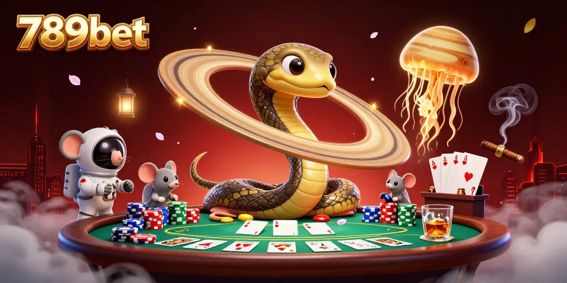 Experience thrilling games at 789bet with a lively cosmic casino scene featuring poker bets and cosmic characters.