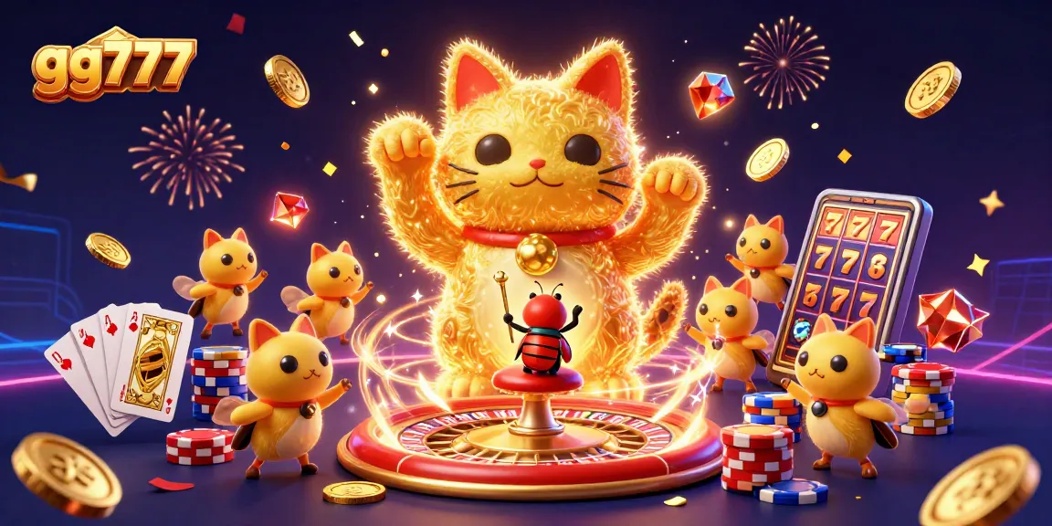 Win big with gg777 in this vibrant 3D casino illustration featuring dynamic symbols and golden fireflies.