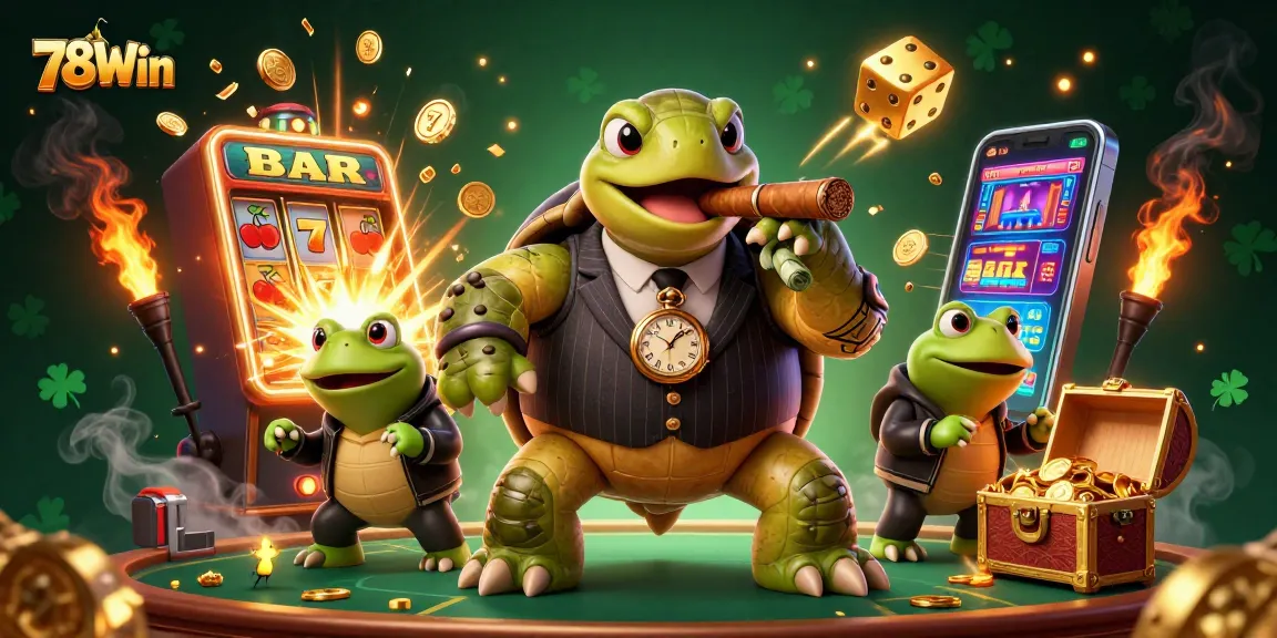 Experience thrilling action at 78Win with a cartoon turtle in a suit and exciting casino game elements.