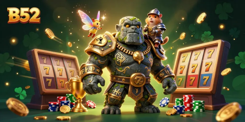 Engage in thrilling casino adventures with B52, featuring a magical golem guardian and enchanting characters.