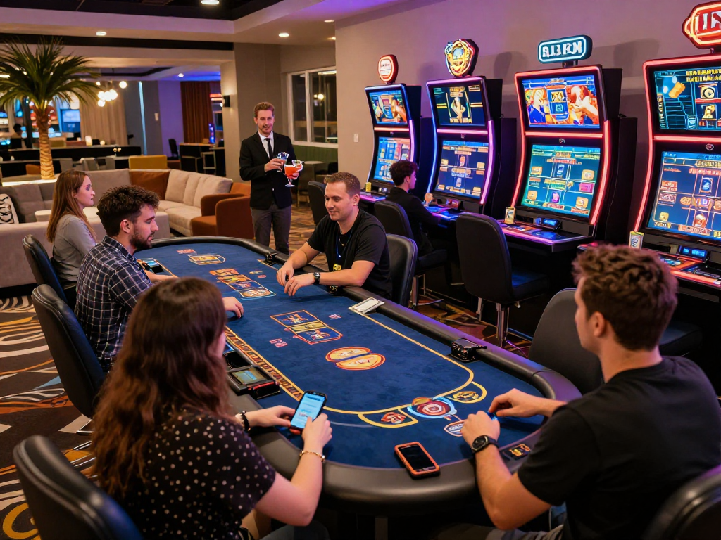 rokok88 casino scene showcasing players enjoying vibrant games in a modern setting