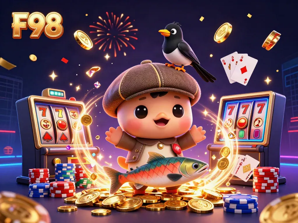 Engaging scene of F98 showcasing colorful slot machines and playful characters amidst a festive atmosphere.