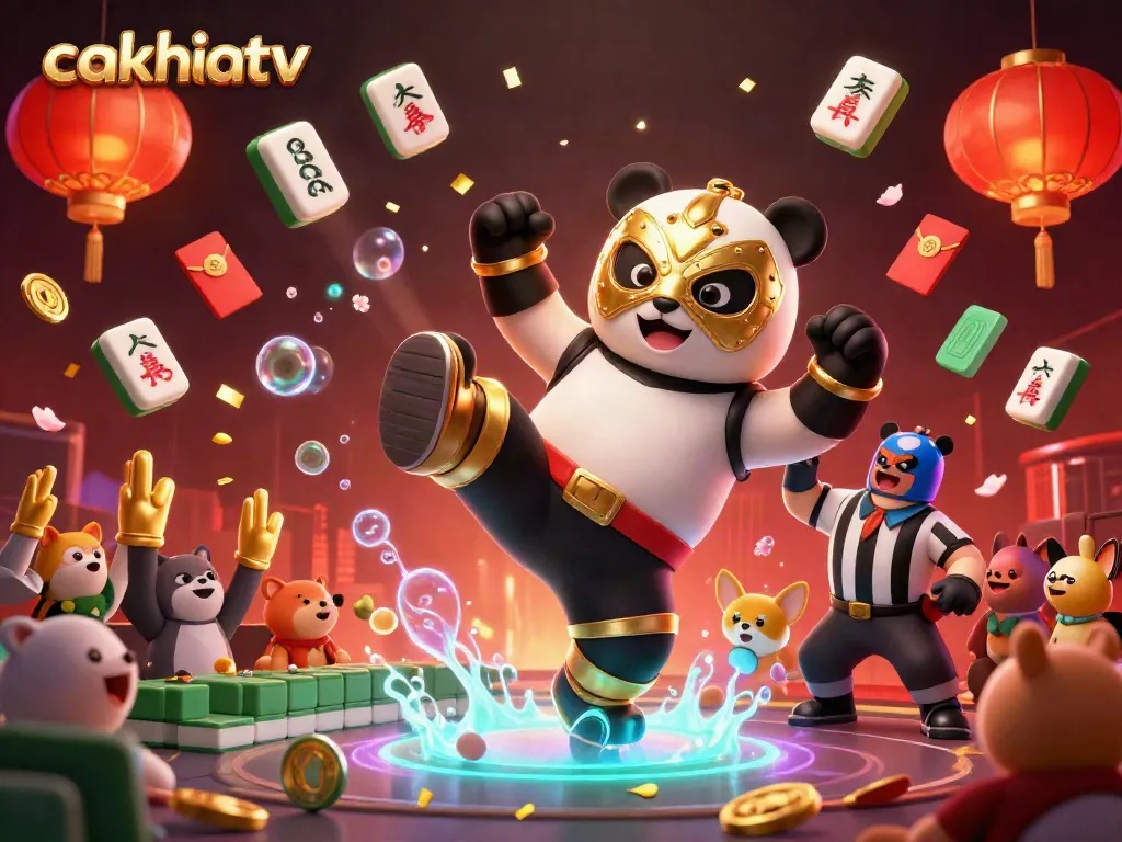 Cakhiatv showcases a lively panda wrestler in action, celebrating online betting with colorful elements.
