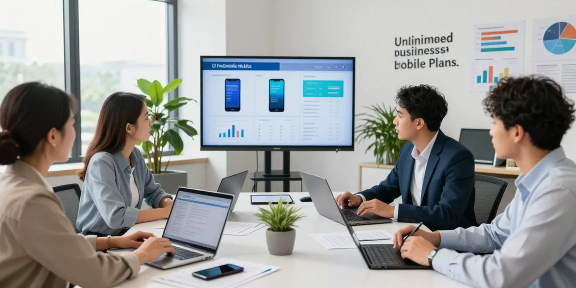 Collaborative team discussion on unlimited business mobile plans in a modern office.