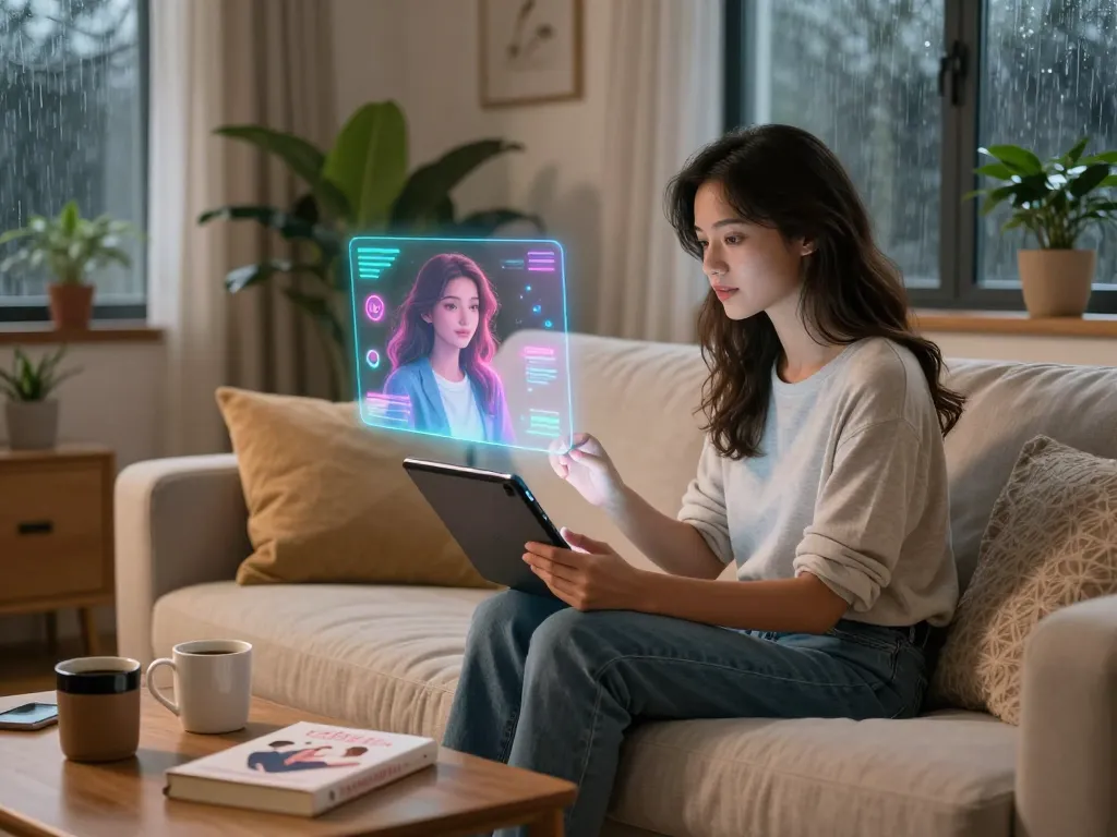 Engaging moment of a woman chatting with her AI girlfriend, showcasing modern companionship.