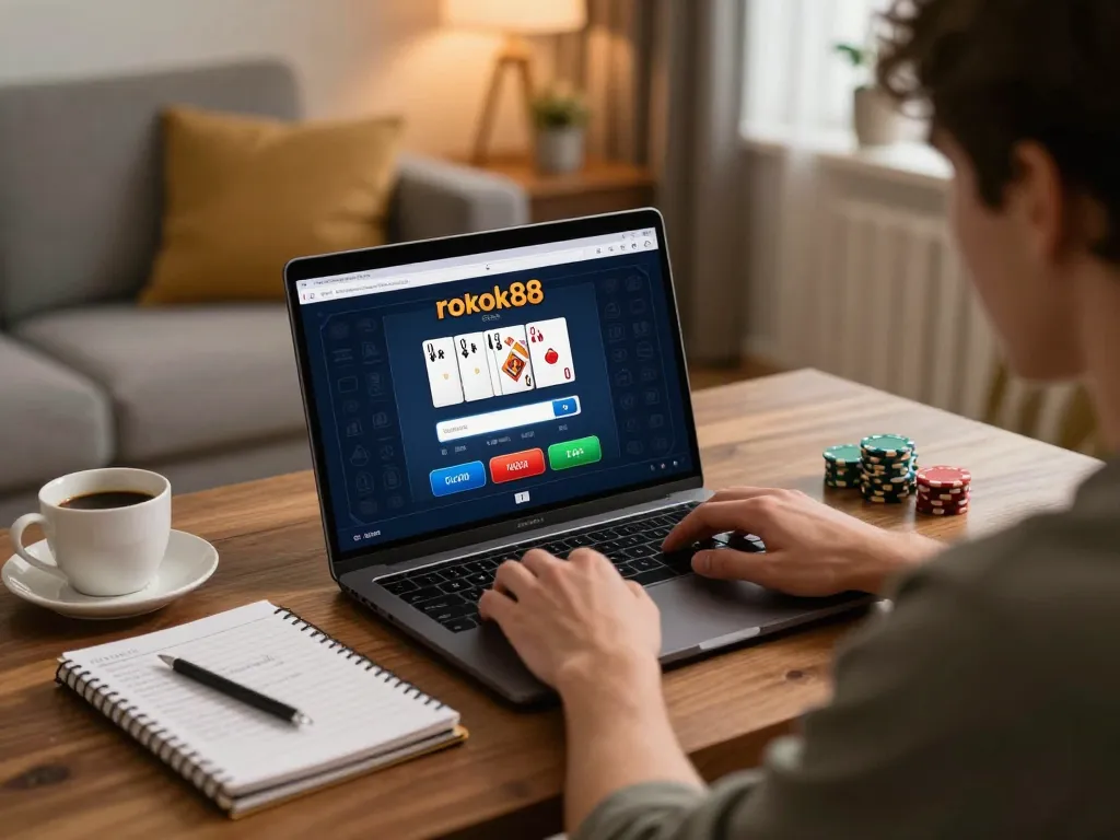 Suasana permainan online yang menarik menunjukkan seorang pemain di rokok88 slot login, fokus pada strategi poker dengan catatan di dekatnya.