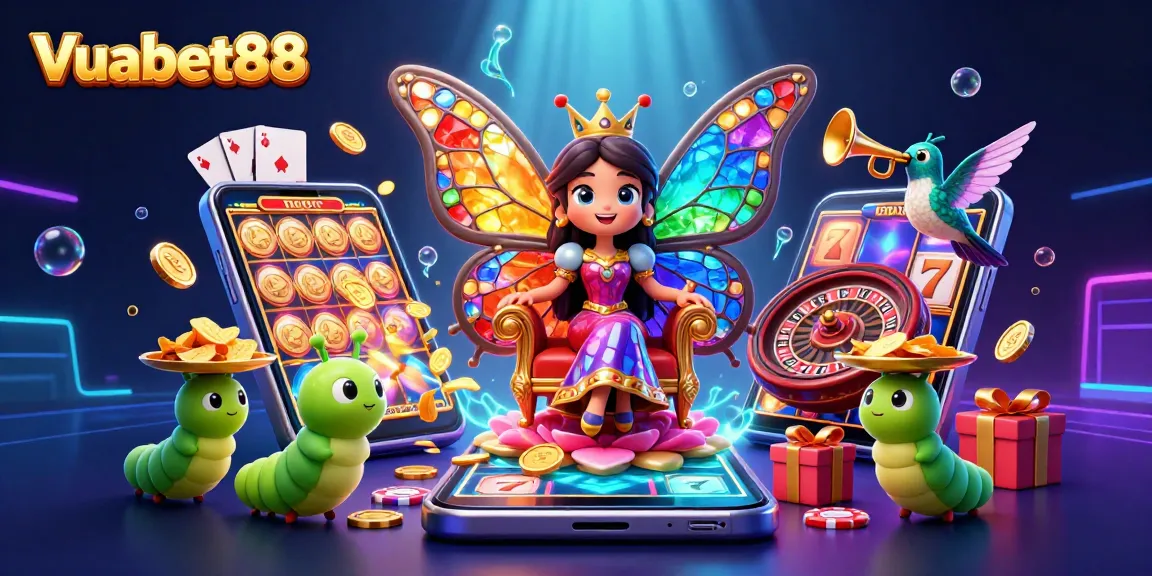 Join Vuabet88 and win with vibrant games featuring a cartoon butterfly queen and golden chips.