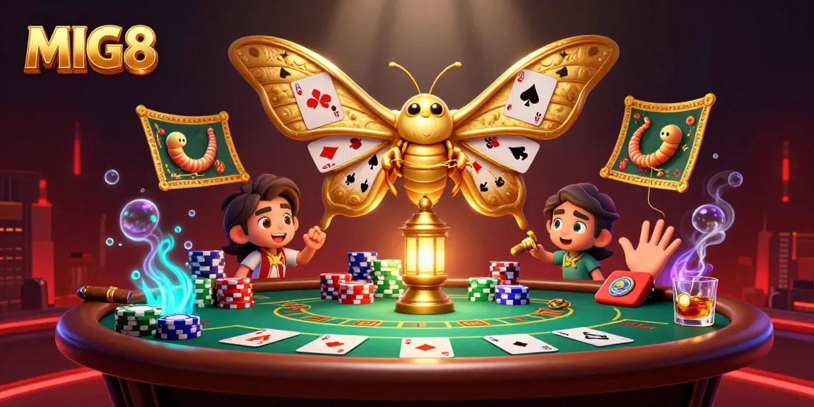 MIG8 impressively showcases a vibrant 3D casino scene with an animated atlas moth amidst colorful poker chips and a striking layout.