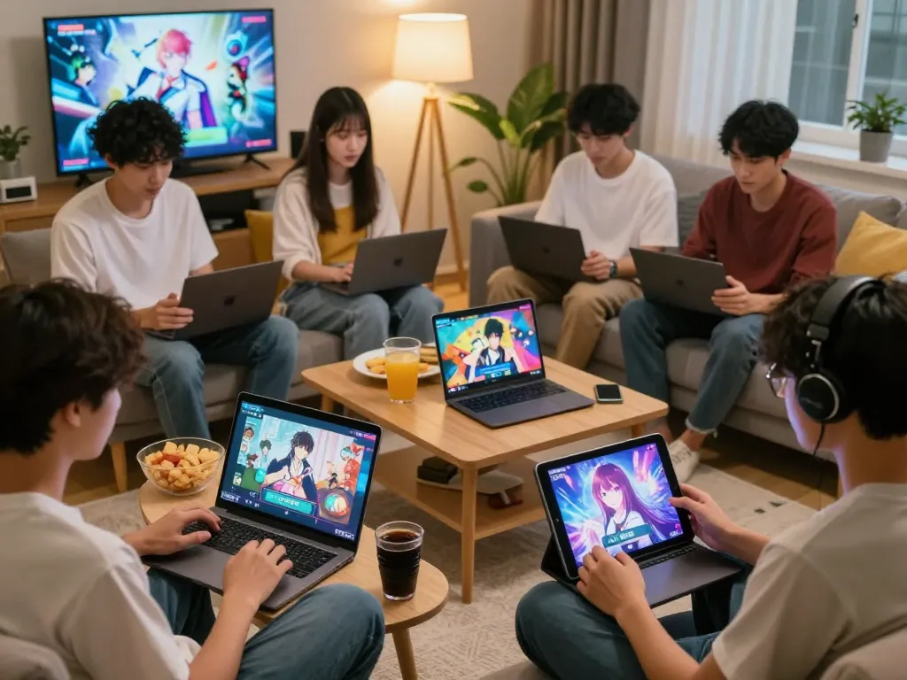 Friends immersed in html porn games, enjoying interactive visual novels and hentai in a cozy living room.