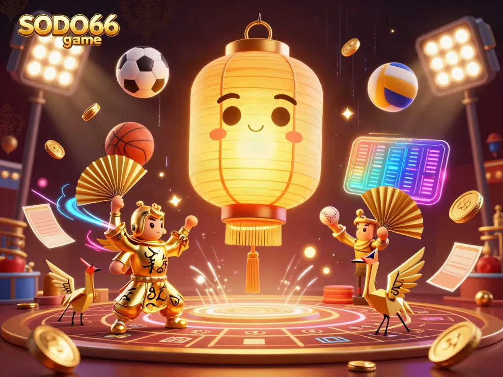 SODO66 game showcases an exciting casino scene with a glowing lantern spirit and dynamic sports elements.