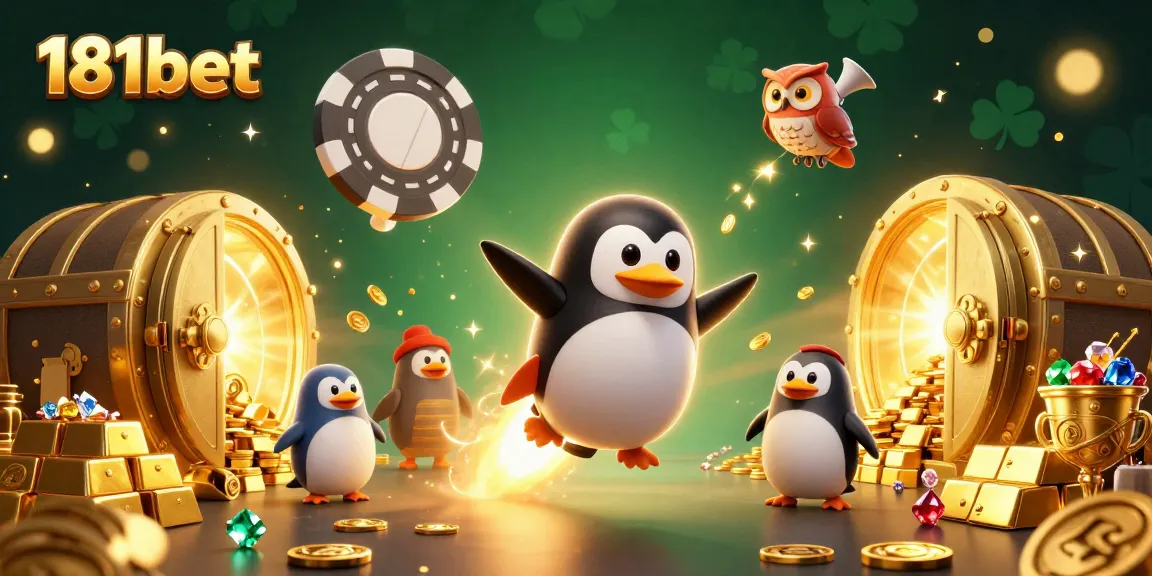 Experience the excitement of 181bet with a cartoon penguin and golden treasures in a captivating casino scene.