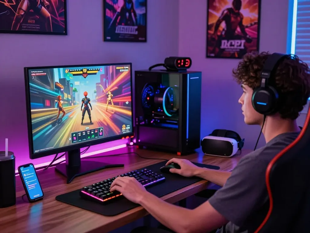 Playing immersive game sex titles in a vibrant gaming setup with neon lighting.