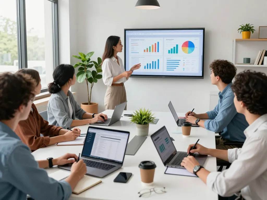 Tech gadgets for productivity in a modern office setting with collaborative professionals and technology.