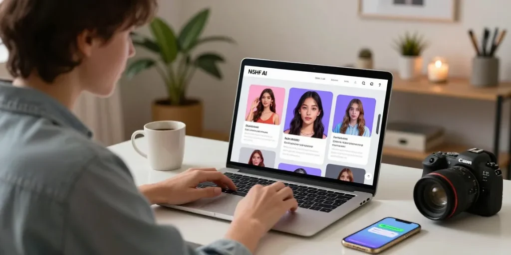 User customizing NSFW AI features on a laptop in a cozy home office, showcasing playful character visuals and vibrant interaction.