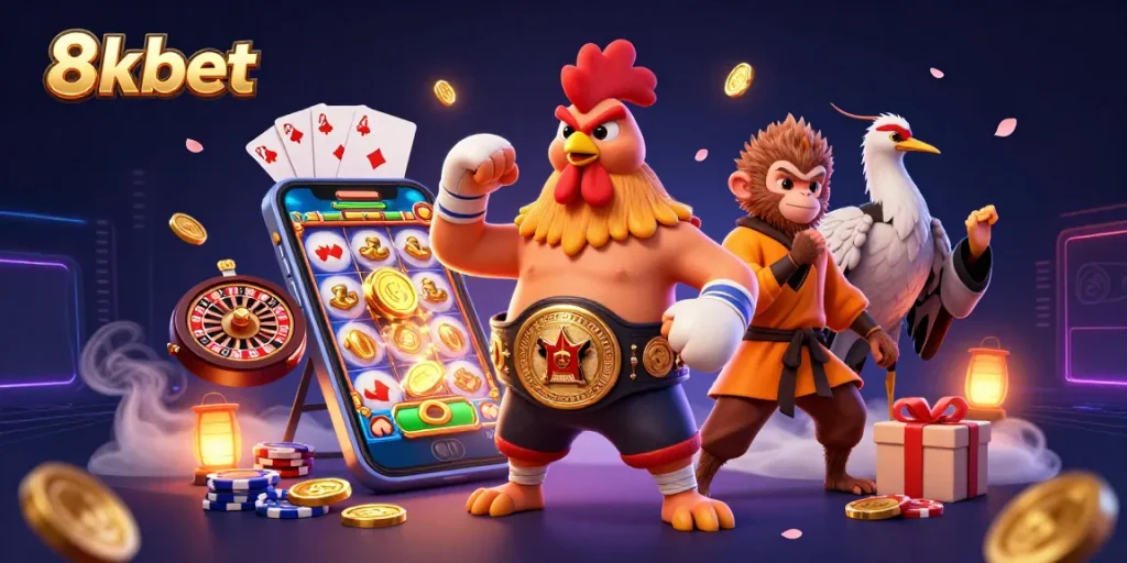Experience excitement at 8xbet with a 3D illustration of vibrant gambling elements and characters.