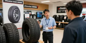 Sales representative demonstrating the Double Coin RR99 tire in a vibrant showroom filled with various tire options and customer engagement.