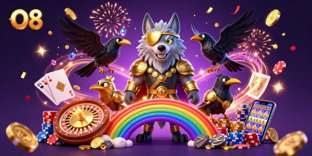 Engage with the thrilling realm of O8 casino featuring Odin and ravens amidst golden chips and vibrant games.
