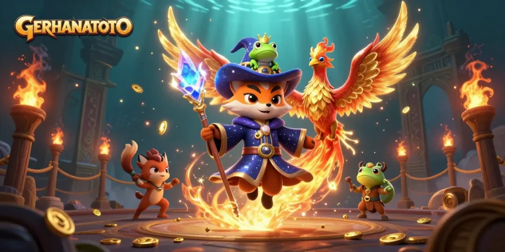Mainkan GERHANATOTO dengan simbol-simbol lotere yang berkilauan di ilustrasi kasino 3D.
