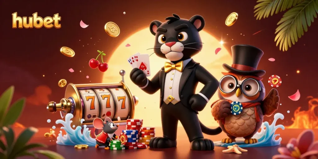 Experience thrilling gameplay with hubet as a stylish black panther deals cards surrounded by vibrant casino elements.