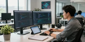 快连 offers a high-tech collaborative workspace for developers, showcasing coding tasks and innovative project setups.