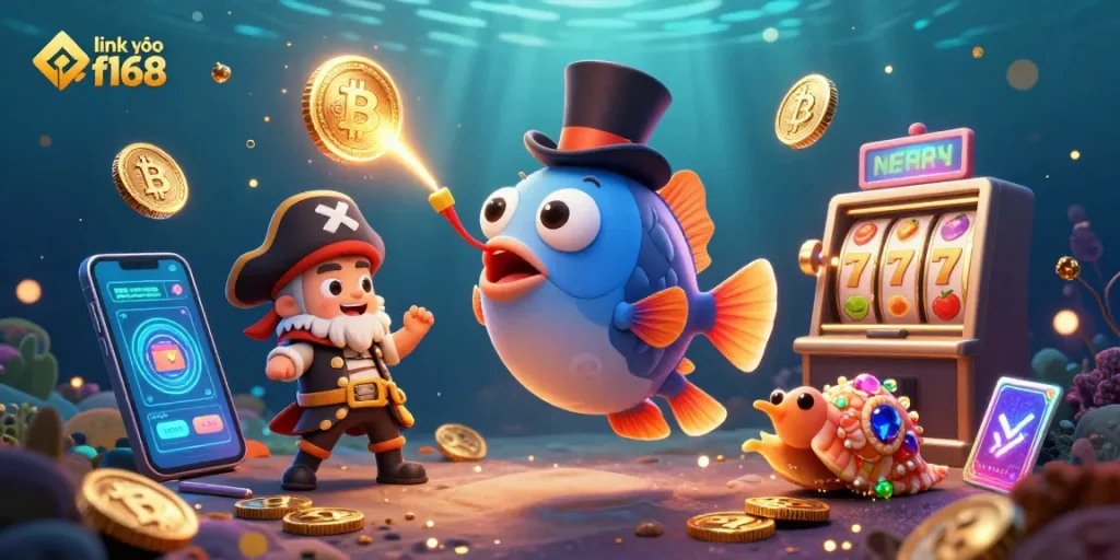 Engage in the thrilling world of gambling with the link vào f168 while discovering treasure in an underwater scene.