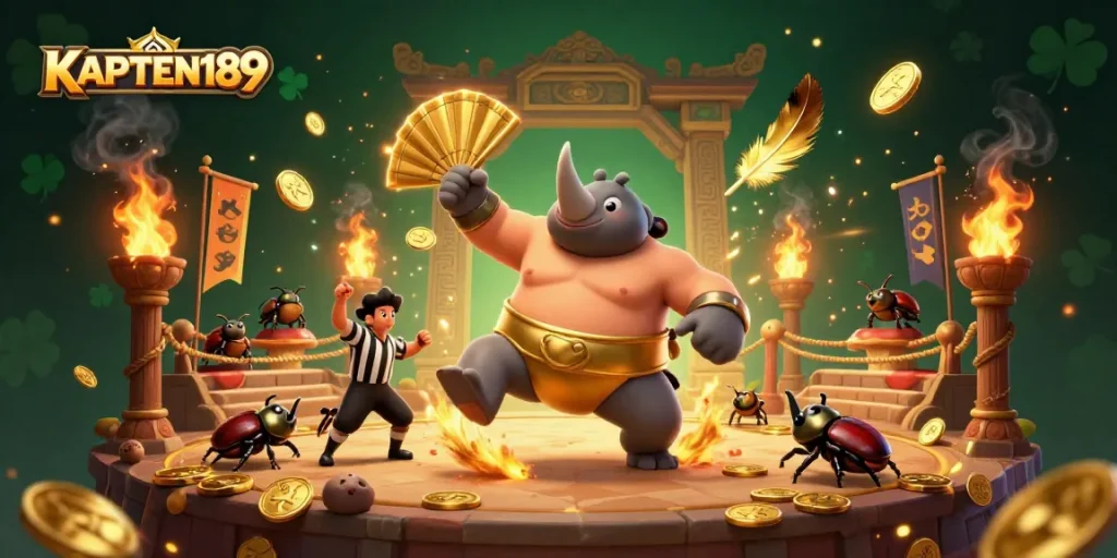 KAPTEN189 menampilkan juara sumo kumbang badak beraksi di arena dengan koin emas terbang.