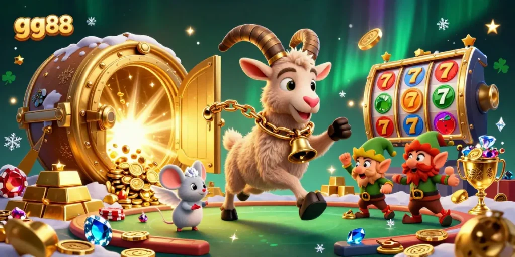 Experience thrilling casino action at gg88 with festive characters and dazzling gold treasures.