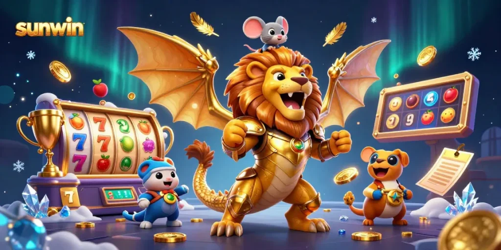 Experience thrilling gameplay on sunwin's platform with a vibrant casino scene featuring dynamic slot reels and a triumphant chimera.