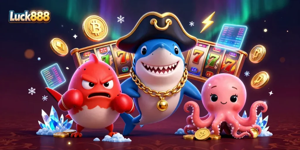 Spin luck with Luck888 as cartoon characters reveal golden prizes in a vibrant casino scene.