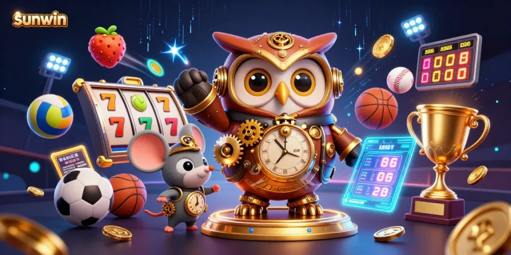 Engage in thrilling casino action at sunwin with a steampunk owl, clockwork mouse, and vibrant slot games.