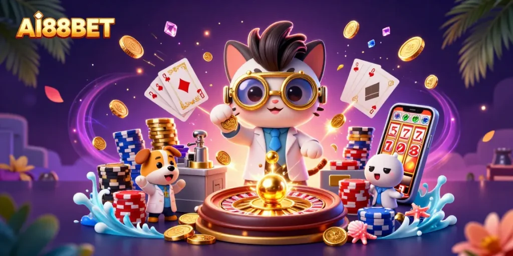 Experience the excitement of AI88BET with a vibrant 3D casino scene featuring a mad scientist cat and lab assistant.