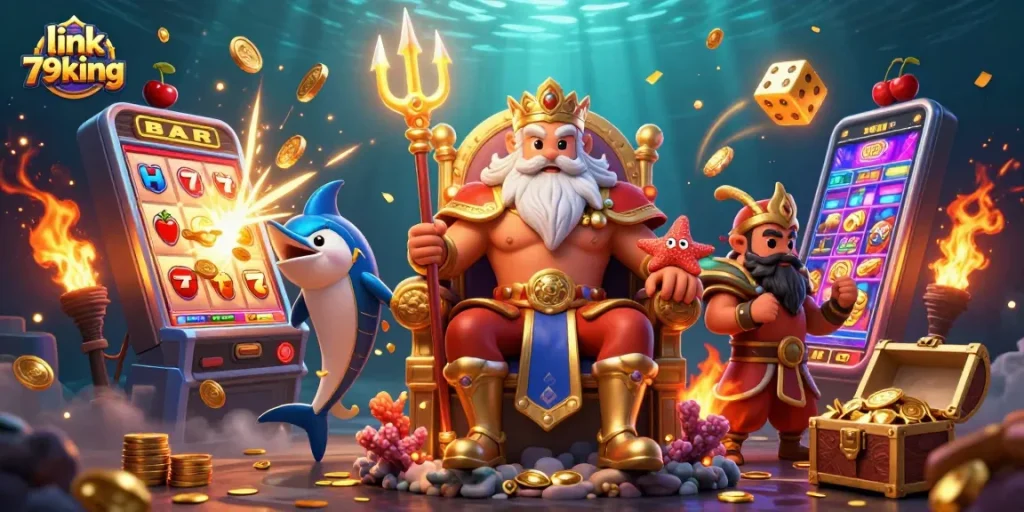 Experience the thrill of link 79king with Neptune in a vibrant casino-themed underwater world.