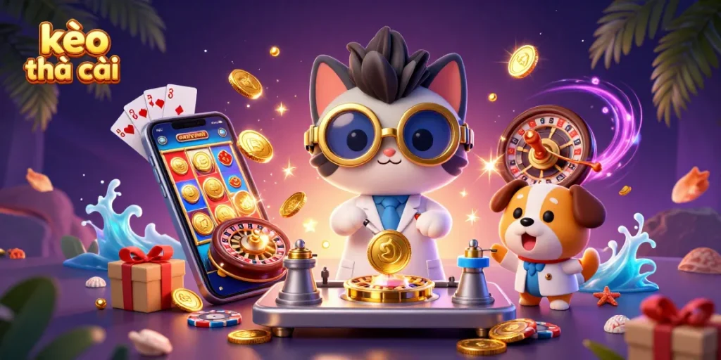 Experience vibrant kèo nhà cái action with colorful coins and dynamic gaming elements in a lively lab scene.