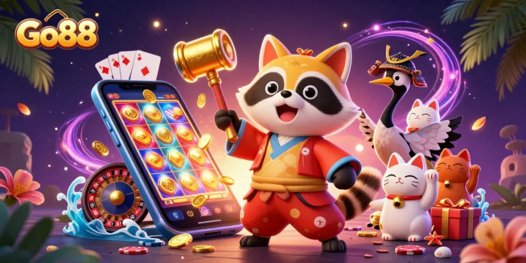 Experience Go88 with vibrant characters and dynamic casino elements in a colorful 3D illustration