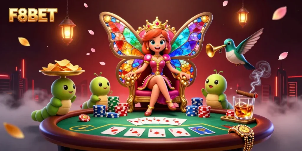 Experience thrilling gameplay at F8BET with a vibrant illustration featuring poker and casino elements.